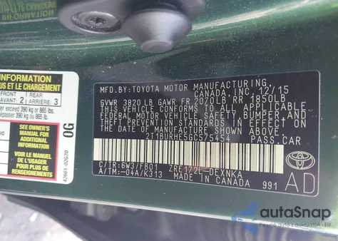 2016 Toyota Corolla Le из США, поврежденный, VIN 2T1BURHE5GC575454